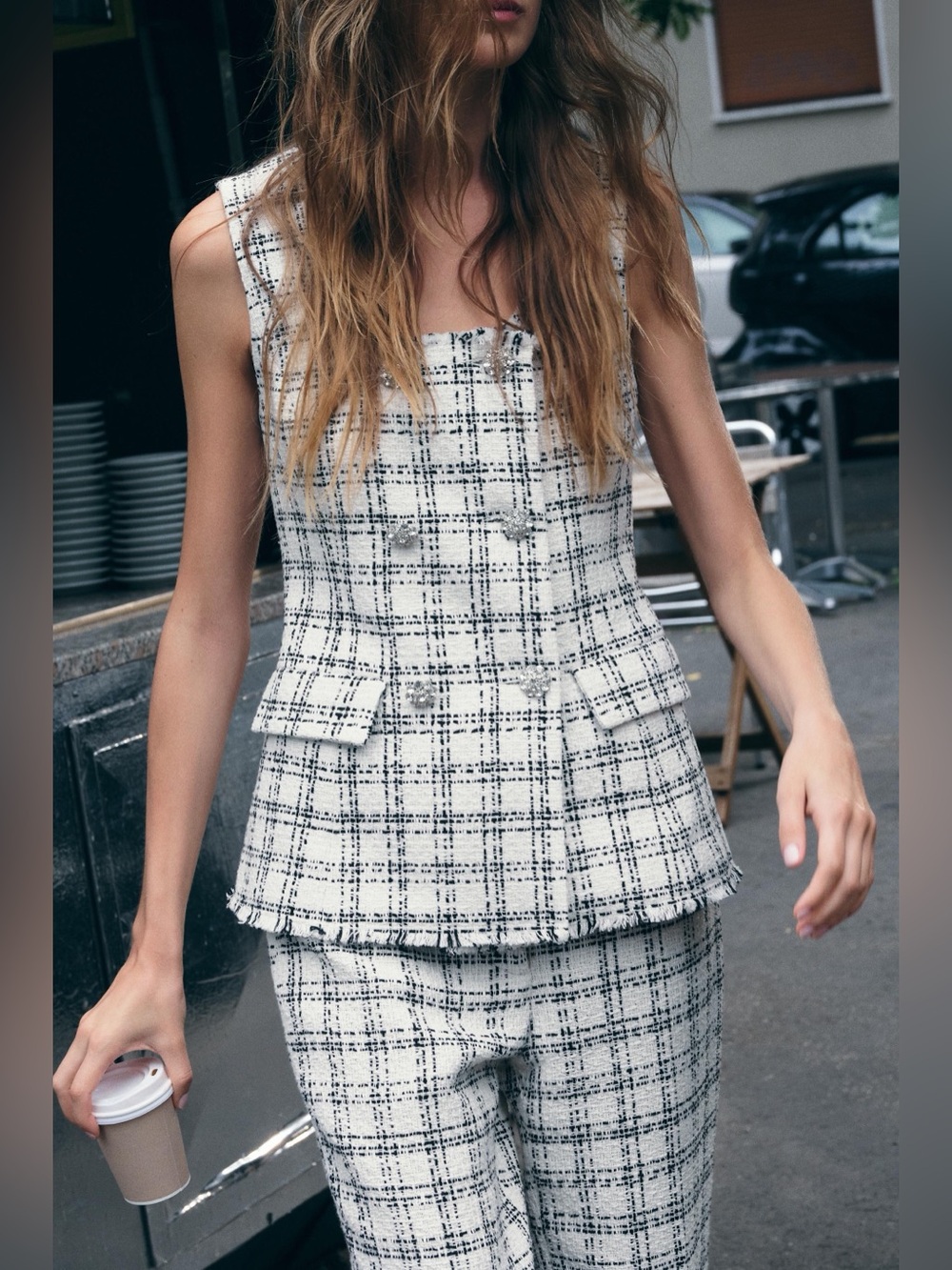 Zara White & Black Tweed Wide-Leg Pants - Picture 3 of 6